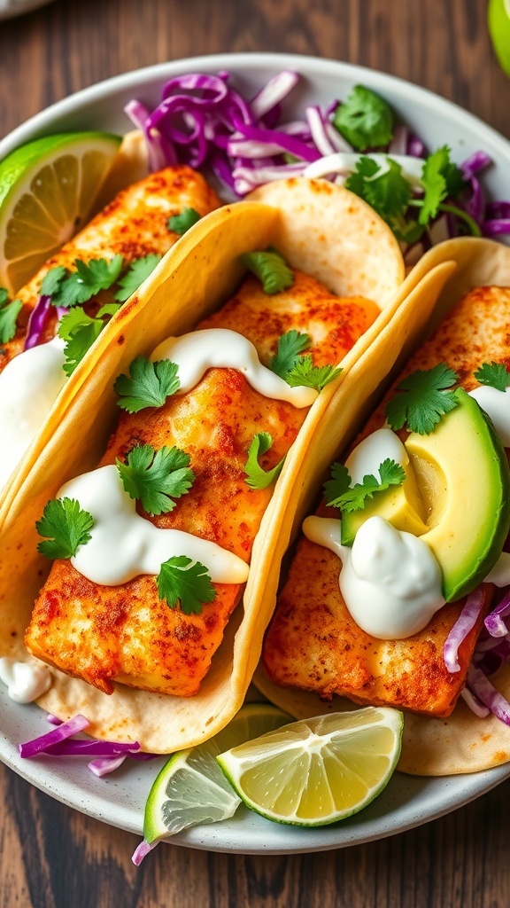Spicy tilapia tacos with cabbage, avocado, lime crema, and cilantro on a plate.